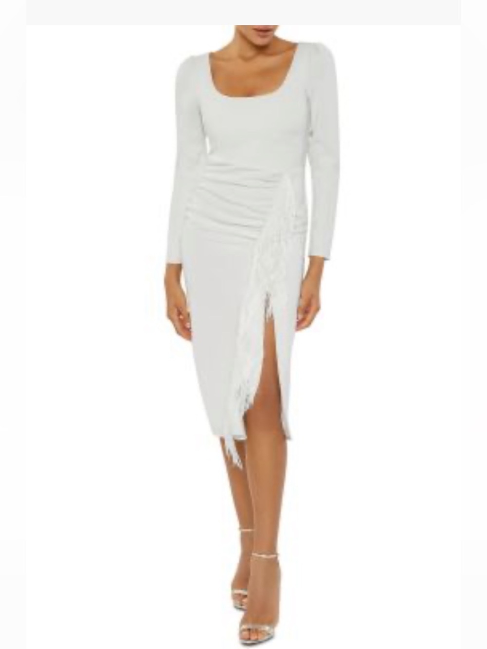 Likely Charlie Dress White Ivory Long Sleeve Fringe Midi Ruched Size 12 NWT